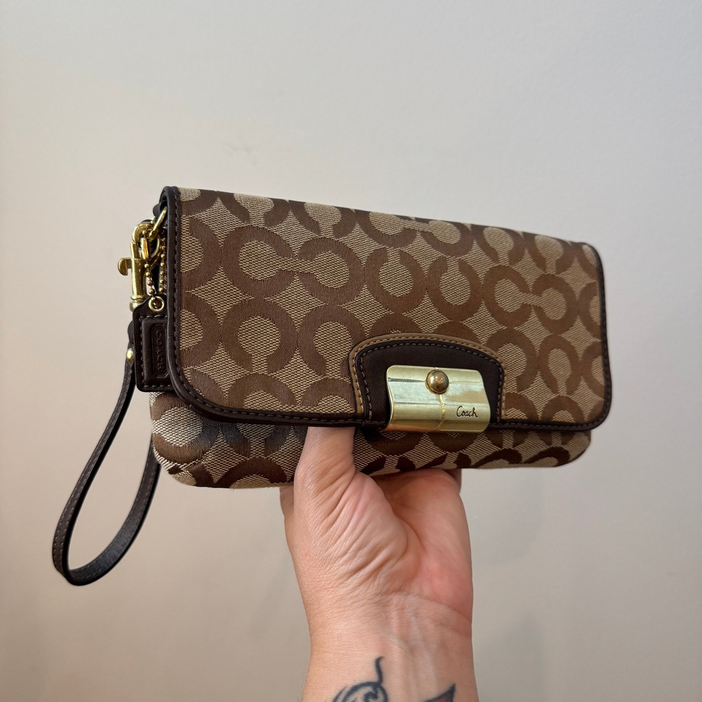 Y2K Coach Kristin Signature Monogram Canvas Wristlet Brown Gold Hardware Clutch